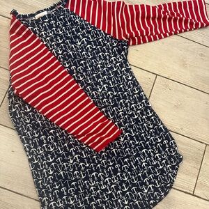 LuLaRoe Navy Anchor Print Raglan with Red Stripes xs gently worn